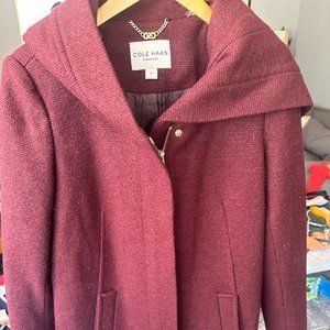 Cole Haan Wool Mix Merlot Hooded Winter Coat, Size 6